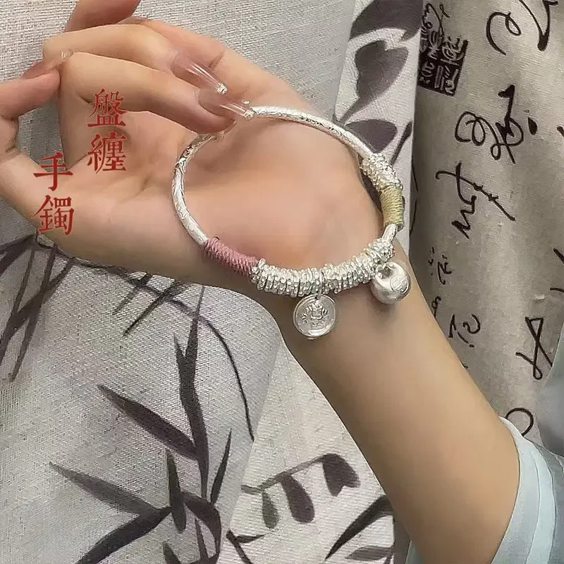 足银手镯 999.9足银手镯女国潮黄财神圆牌胖福元宝手工编织盘缠纯