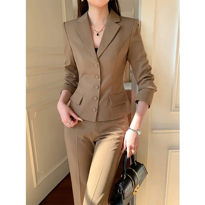 2025春新款职业正装卡其色小西装淑女半身裙套装气质美业工作穿搭