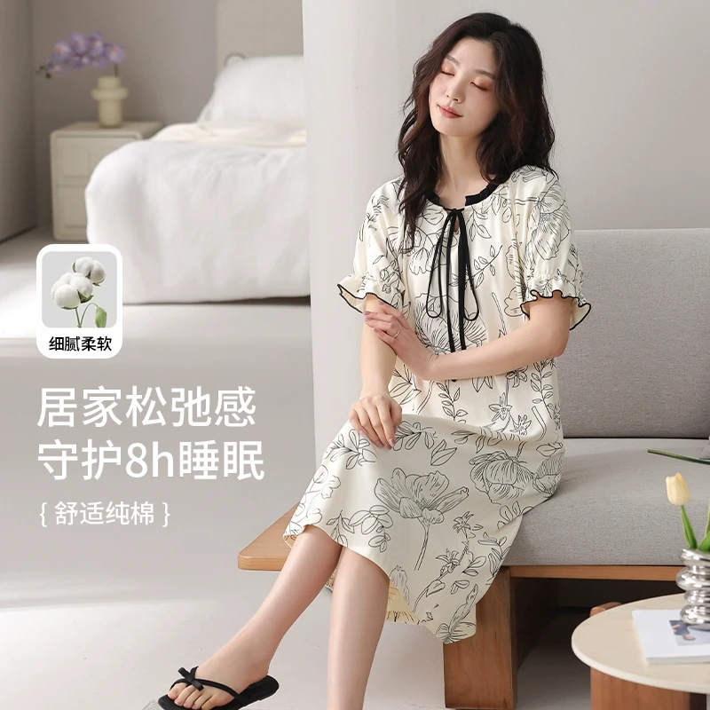 2025新款睡裙女款夏季纯棉女士夏天睡衣妈妈国风大码家居服连衣裙