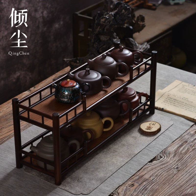 凭栏两层收纳架 精品楠竹茶道壶架 中式茶具茶室茶杯茶壶置