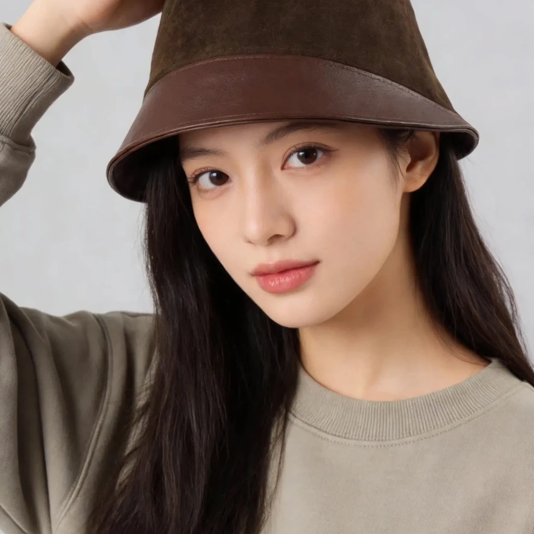 中古风！麂皮绒拼接pu皮复古渔夫帽女素颜遮脸显脸小盆帽洋气高冷