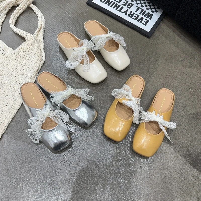 2355-2 夏季新品女包头拖鞋软底软皮防滑女单鞋蝴蝶结一脚蹬夏拖