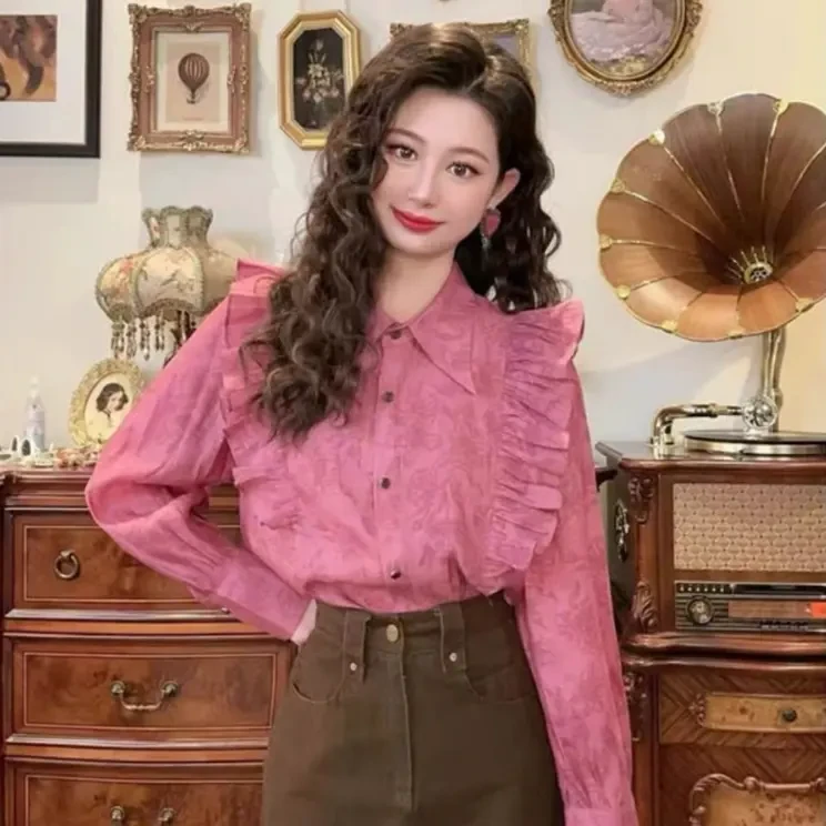 早春新款Polo领显瘦衬衫气质洋气时尚上衣荷叶边设计减龄衬衣