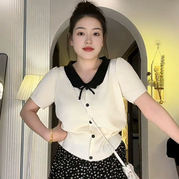 【8705】大码女装胖mm撞色减龄洋气短袖针织衫T恤蝴蝶结系带上衣