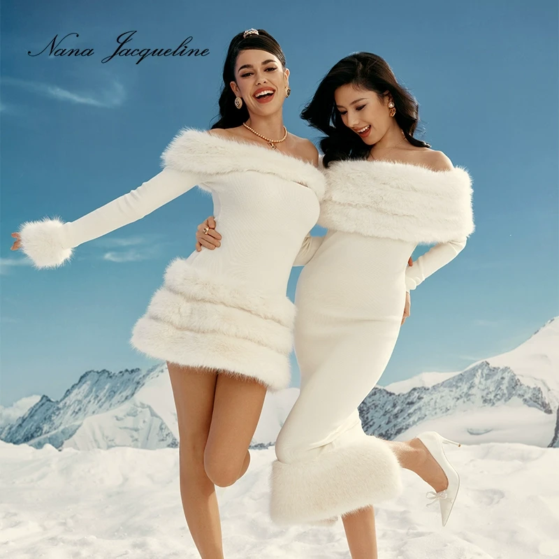 Nana Jacqueline滑雪系列一字肩短款毛毛蛋糕连衣裙 左岸潇