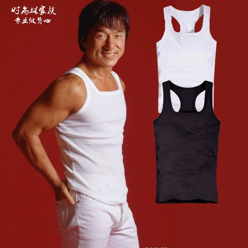 成龙李小龙同款健身背心男工字纯棉方领低胸一字运动弹力速干夏季