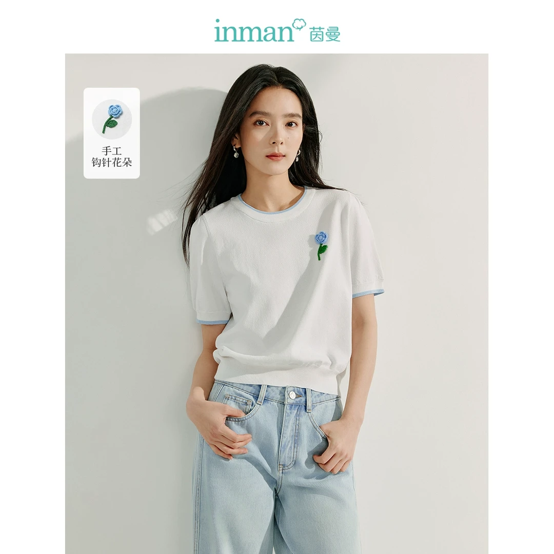 茵曼2025春秋新款女毛针织衫上衣女装短款短袖圆领宽松T恤套头