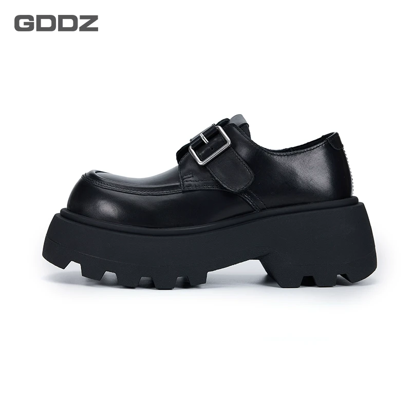 厚底英伦风单鞋松糕乐福鞋女增高搭扣一脚蹬黑色小皮鞋GD-250202
