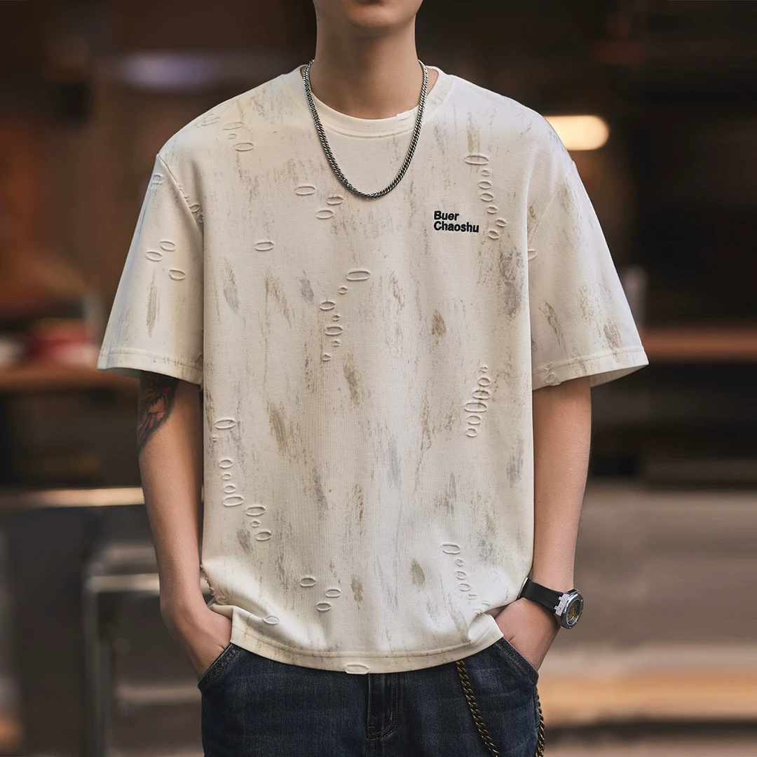 格蓝鹿高端美式复古设计感男士短袖t恤2025夏季新款宽松半袖上衣