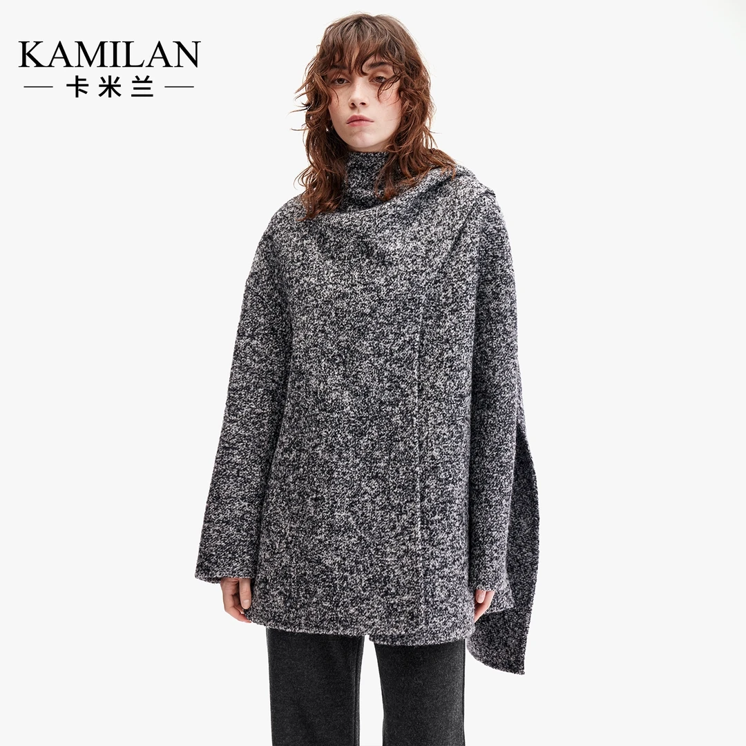 卡米兰别致设计感高领羊毛大衣女2024年秋冬新款简约时尚百搭外套