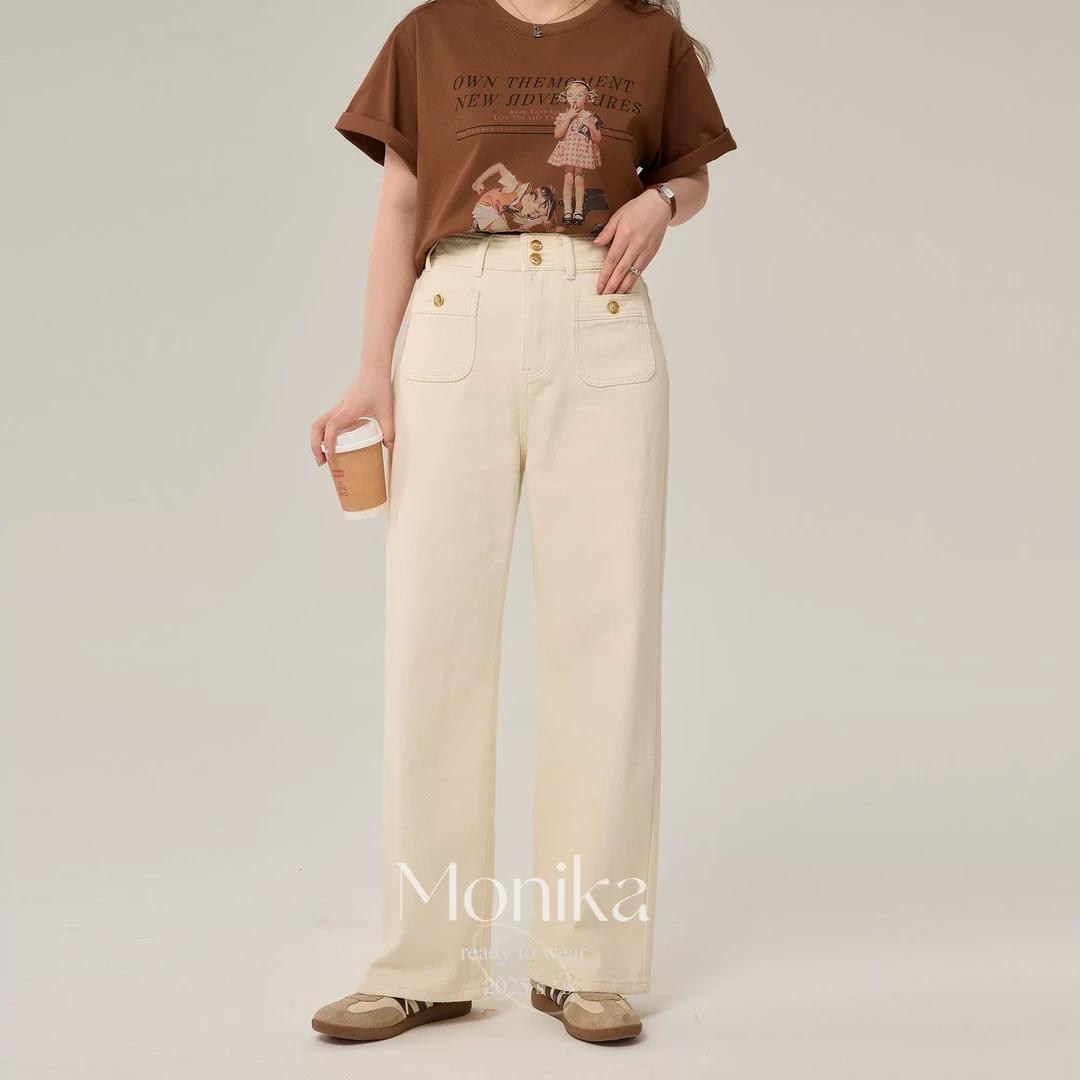 大码女装胖mm2025新款春夏白色牛仔金扣高腰显瘦阔腿直筒裤18132