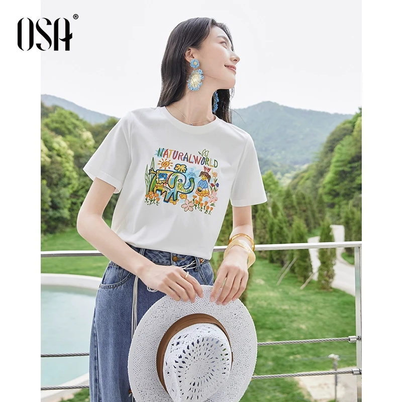 OSA/欧莎 夏季童趣手绘风印花正肩圆领凉感透气短袖T恤S125B11036