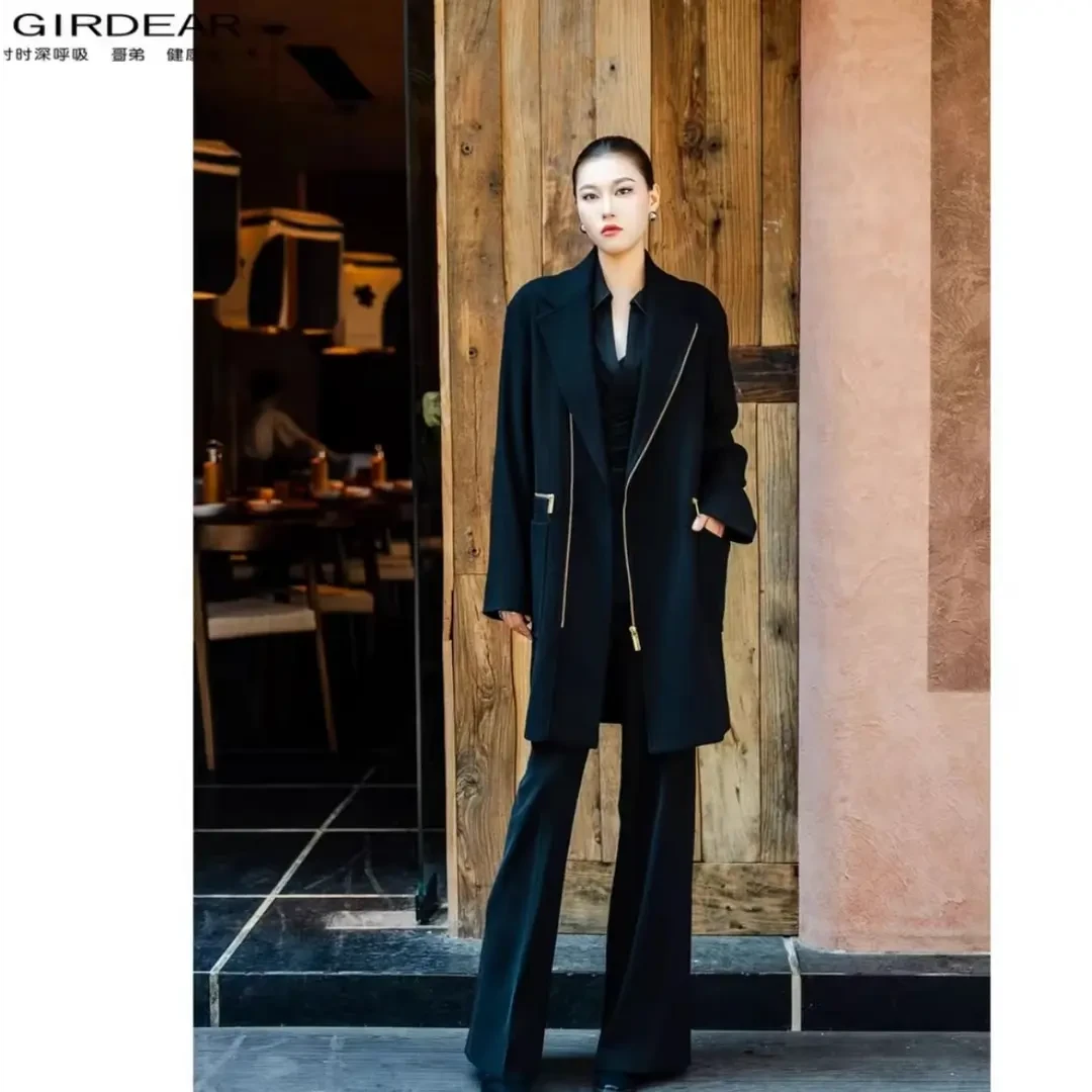 GIRDEAR/哥弟秋冬新款时尚宽松气质毛呢西装领中长款外套女140063