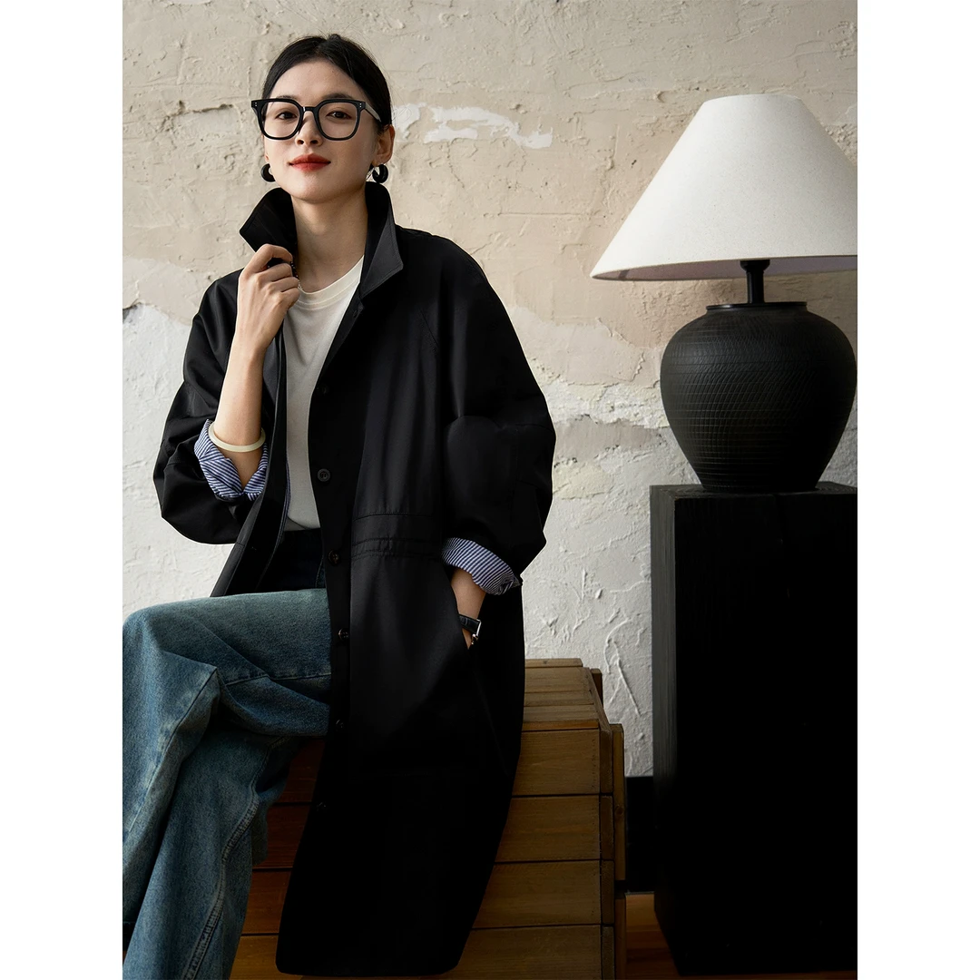 笑涵阁 自由奔赴浪漫经典混纺宽松翻领中长风衣外套女FYC763842FG