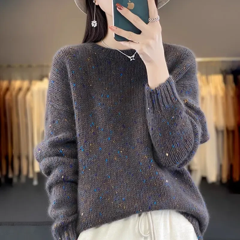 100纯羊毛衫女士秋冬低圆领加厚针织保暖打底衫宽松羊绒时尚毛衣