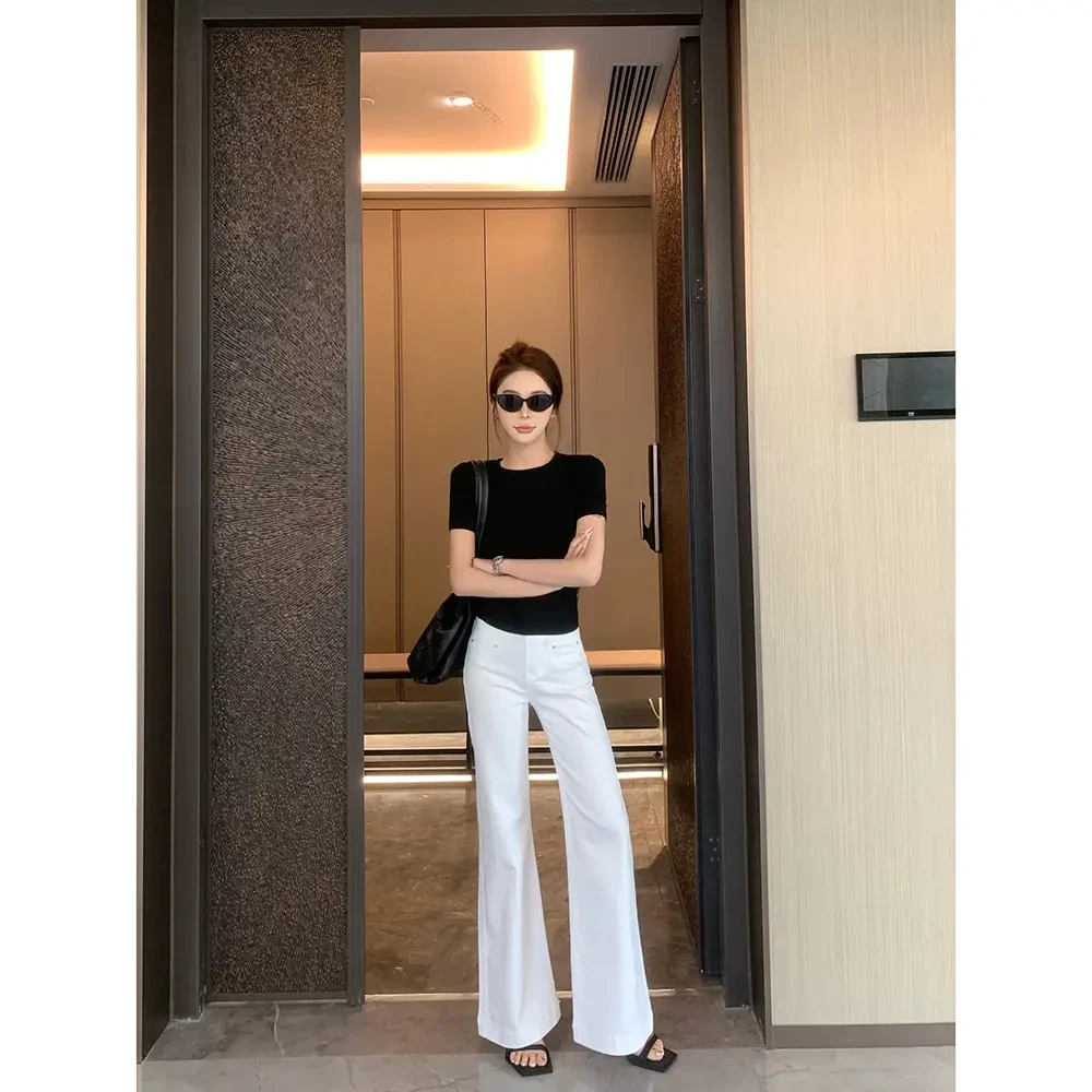 夏季微喇女士牛仔裤2025新款高腰修身显瘦白色轻奢小众高级感女装