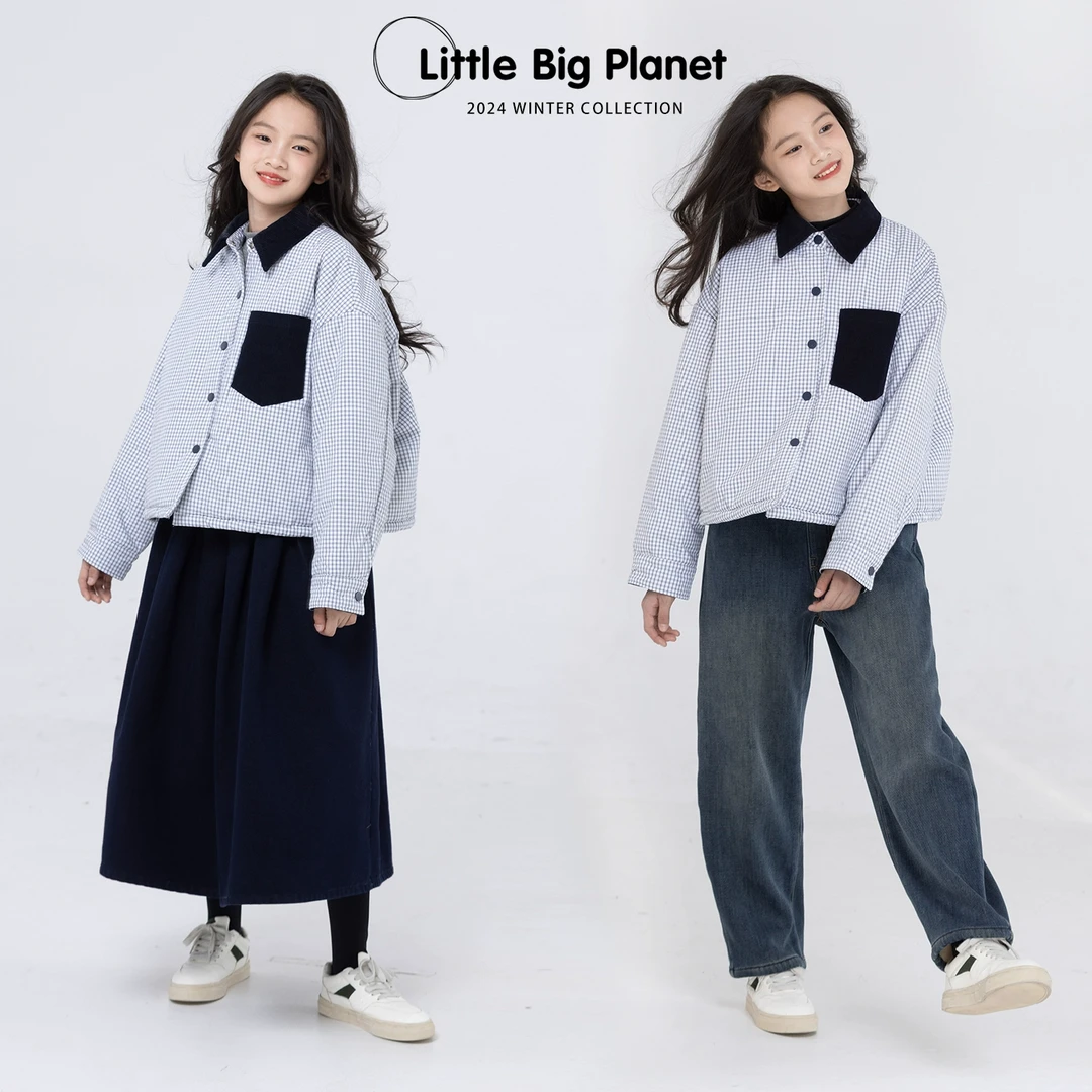 小小大星球童装 虚构蓝格子夹棉拼色外套 男女童冬季衬衫领棉服