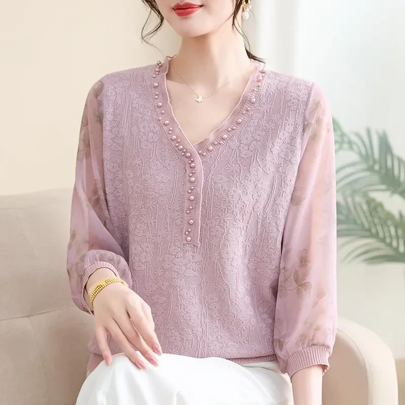 中老年女装洋气小衫妈妈春夏款七分袖V领时尚上衣针织衫显瘦打底