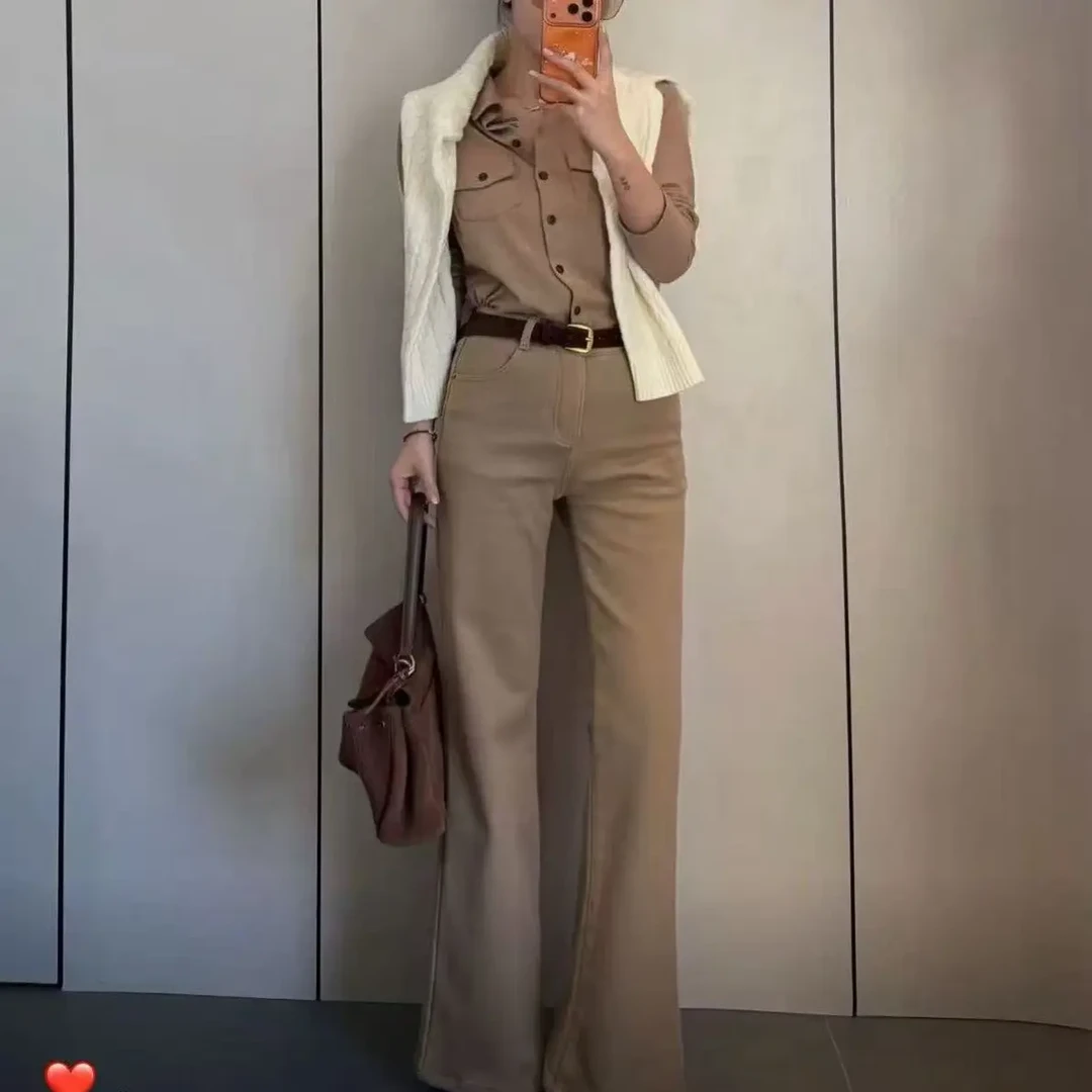 加绒直筒微喇秋冬百搭高腰显瘦腰带牛仔裤