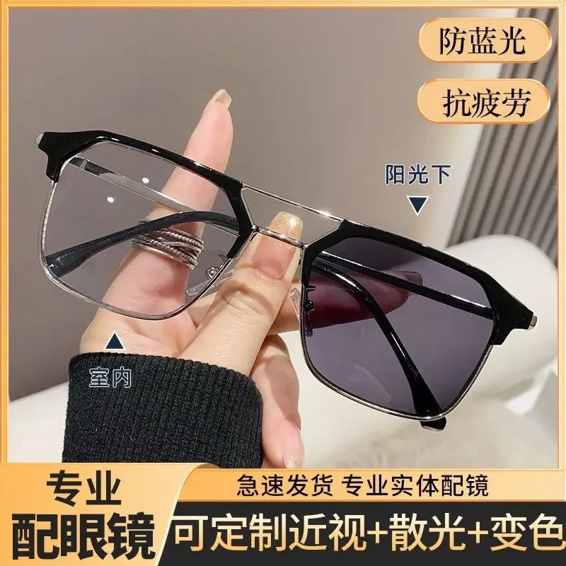复古防蓝光眼镜超轻变色近视眼镜防紫外线可定制散光双眼度数不同