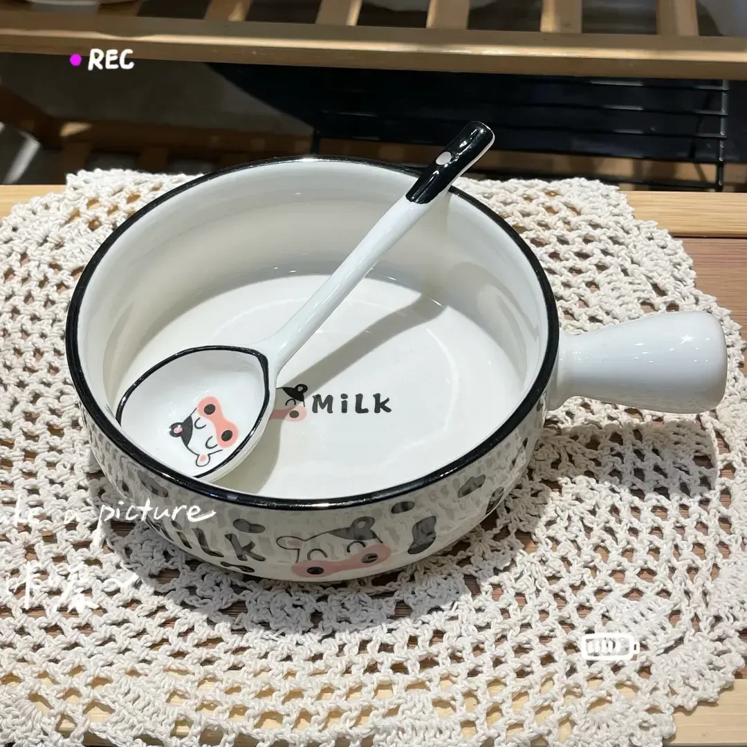 【2件套】新款陶瓷奶牛手吧碗勺米饭碗宿舍碗甜品勺家用餐具LW