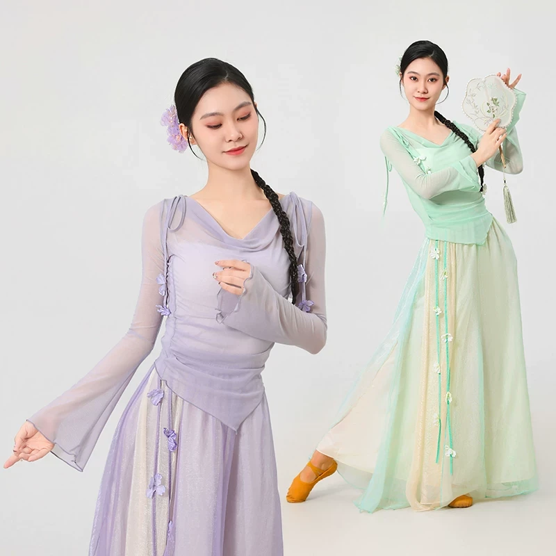 古典舞蹈服网纱荡领纱衣上衣飘逸裙裤中国舞民族舞演出练功服