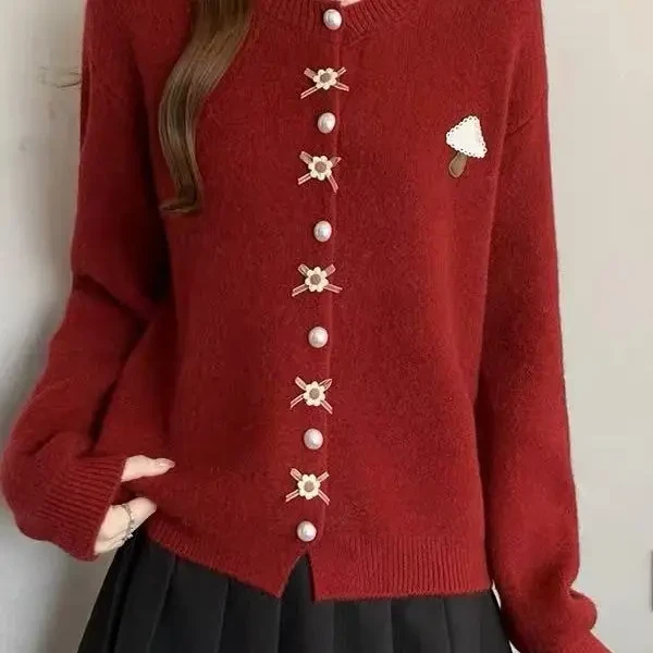 新款甜美立体花朵蘑菇毛衣