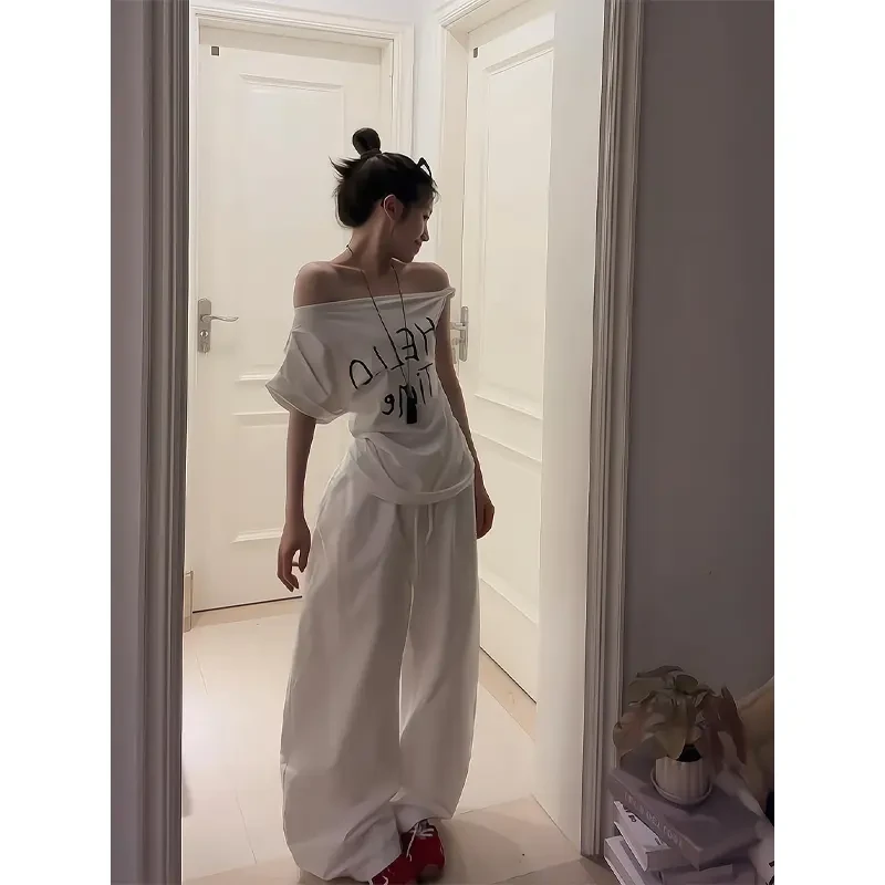 短袖T恤修身显瘦阔腿裤高腰白色拖地长裤2025夏季款法式字母印花