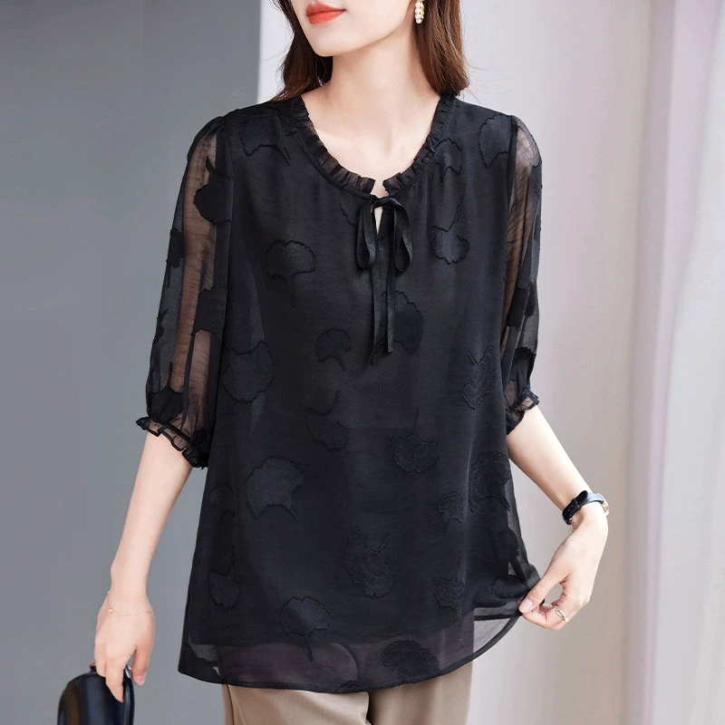 大码七分袖雪纺衫夏2025新款女装今年流行黑色上衣宽松中袖小衫女