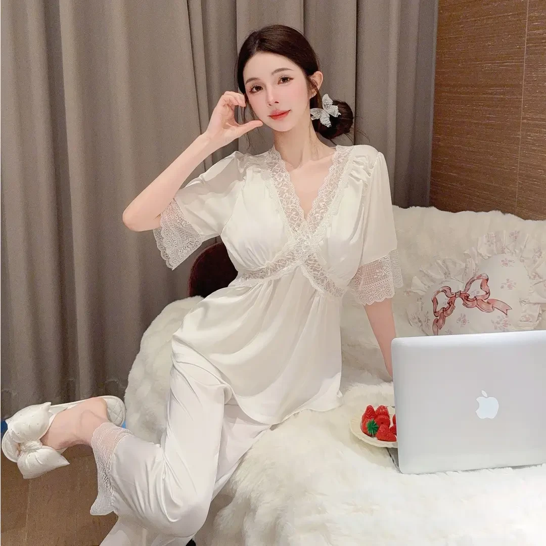 睡衣女夏季薄款冰丝性感蕾丝短袖长袖带胸垫夏季纯欲风V领家居服