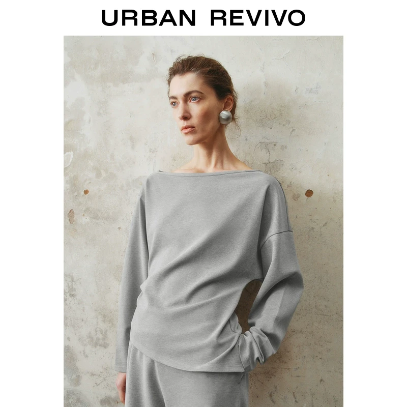 UR2025春季新款女装欧若风不规则设计感斜肩领宽松T恤UWM450011