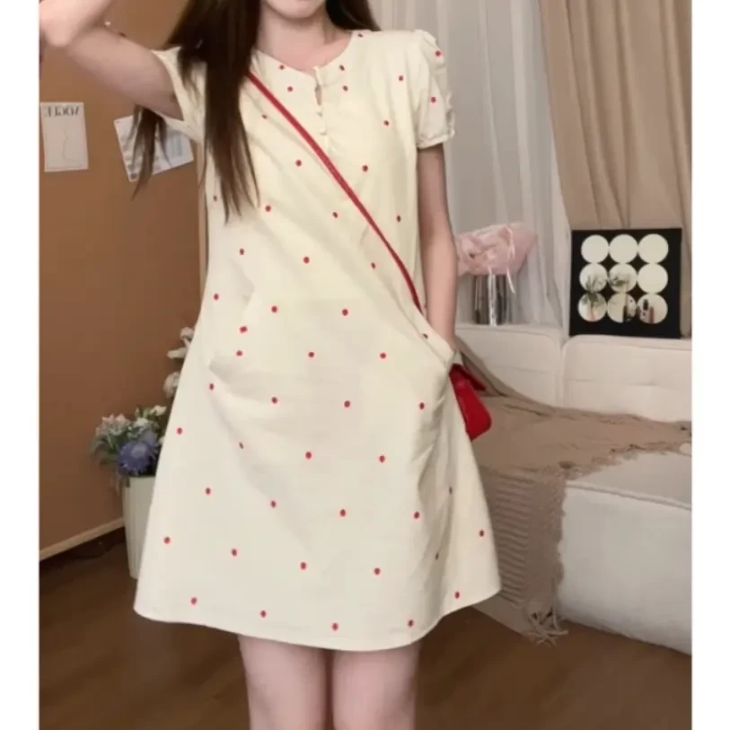 法式优雅气质波点短袖连衣裙女夏季甜美减龄少女感宽松百搭裙子