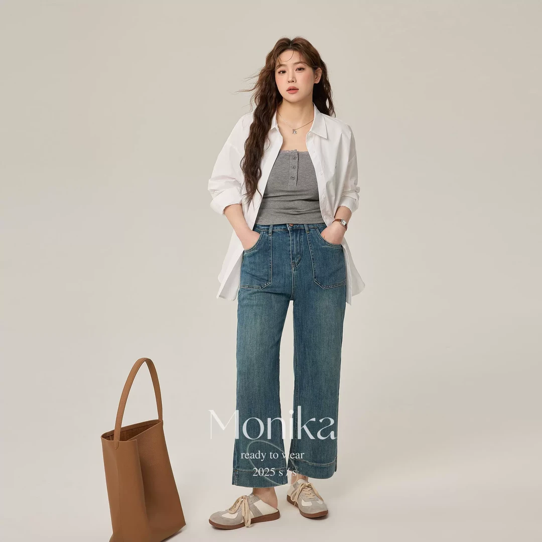 大码女装胖mm2025春水洗高腰松紧弹力显瘦九分牛仔裤烟管裤21515