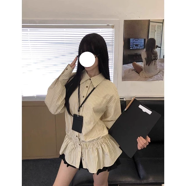 甜辣学院风套装女秋季新款长袖条纹收腰衬衫搭配百褶短裙子两件套