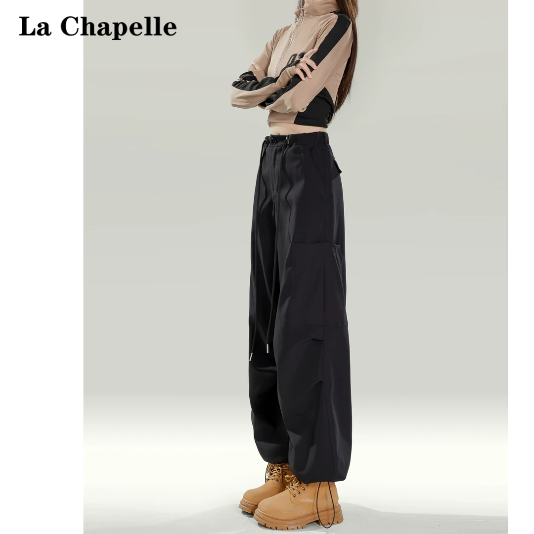拉夏贝尔黑色高腰工装裤女2025秋季新款宽松降落伞束脚运动冲锋裤
