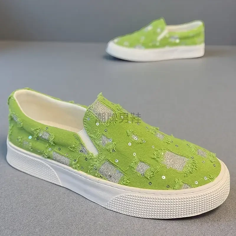 欧洲站一蹬休闲鞋破洞撞色时尚透气休闲板鞋潮流百搭套豆豆鞋