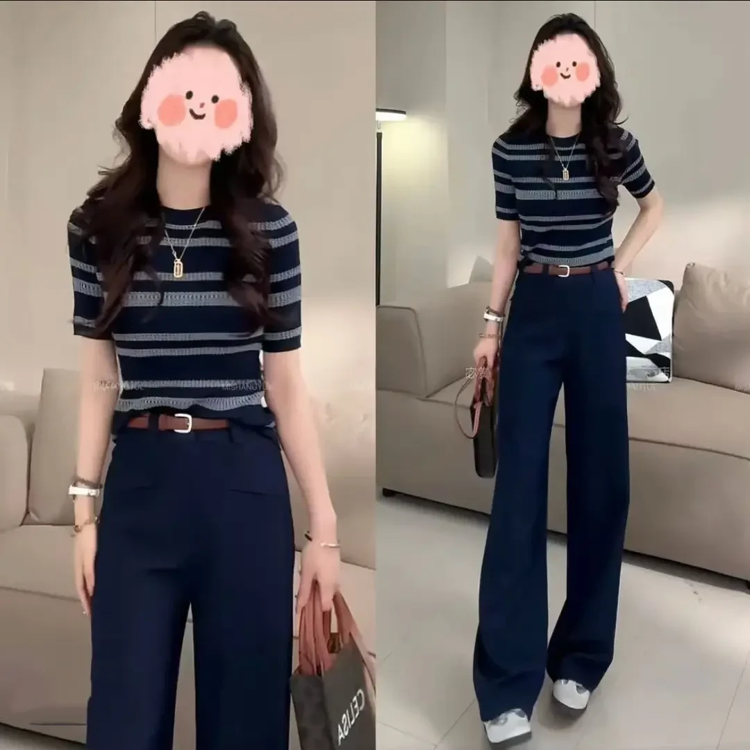 网红洋气炸街女装2025夏季撞色条纹短袖针织上衣百搭休闲裤套装女