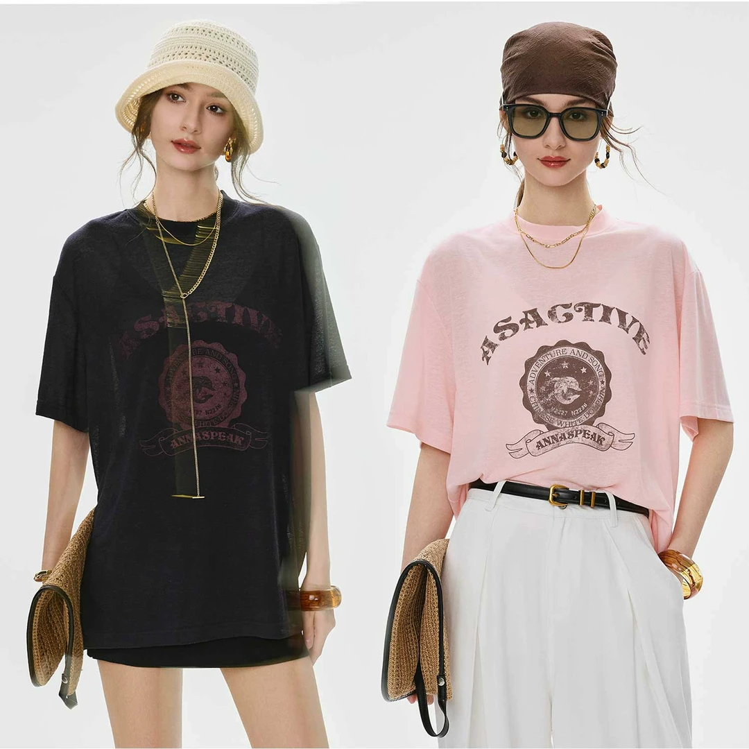 ANNASPEAK慵蓝航海定制珠光海豚印花清凉百搭亚麻棉短袖T恤女夏季