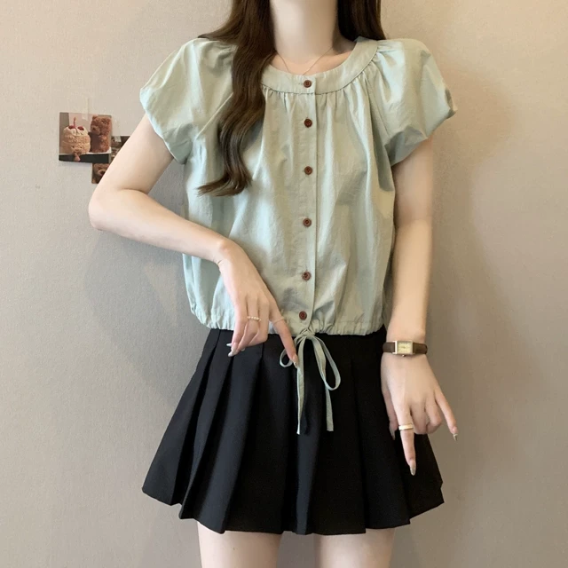 哥弟阿玛施正品法式泡泡短袖衬衫女夏装大码胖mm显瘦设计感短款抽