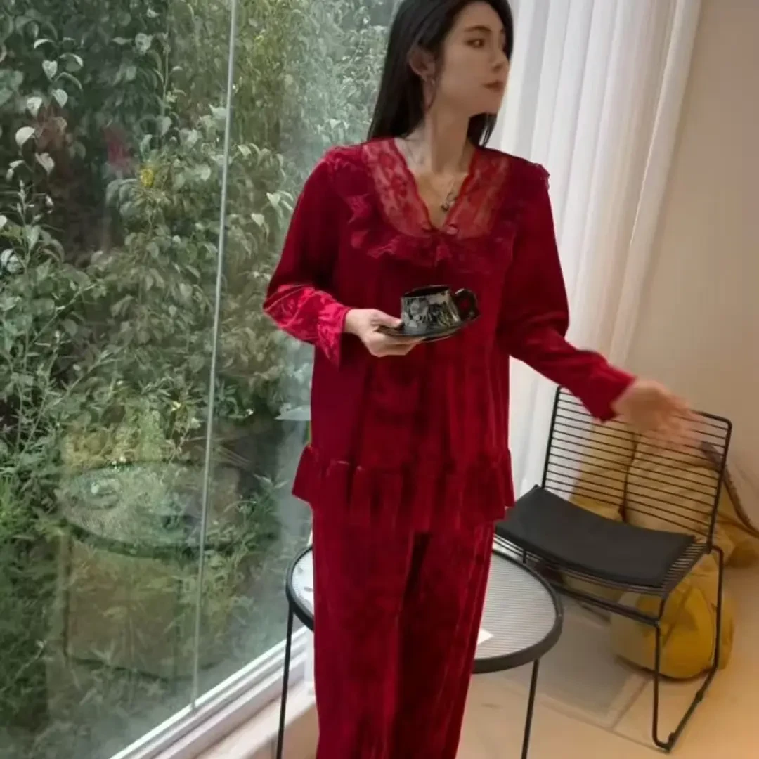 秋冬女士红色钻石绒V领长袖长裤宽松睡衣套装可外穿家居服