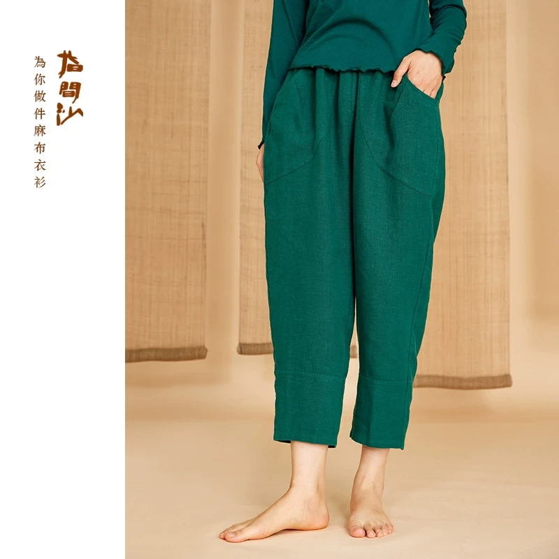 指间沙2512030原创女装25春全松紧高腰黛绿色亚麻微落裆小脚裤