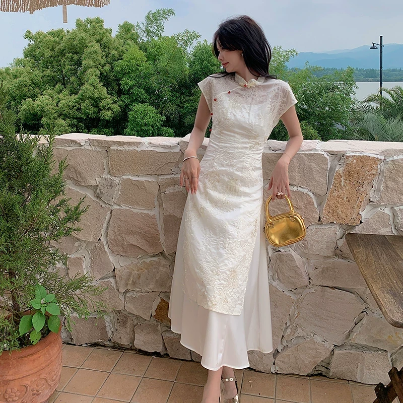 【时岛】妃儿连衣裙女夏新中式高级感气质旗袍收腰伴娘修身吊带白