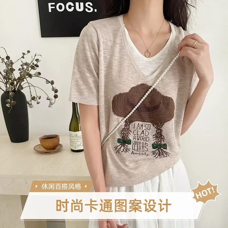 【啄木鸟】夏季薄款透气假两件短袖T恤女洋气小衫印花新款宽松遮肉