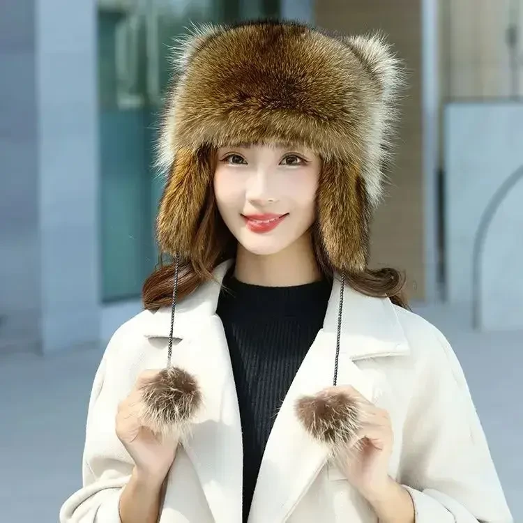 时尚帽子网红同款中大童情侣款男女通用猫耳帽加厚防寒仿貉子毛帽