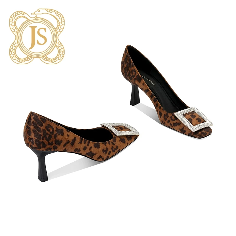 已开价，0712D52517Z时髦豹纹高跟鞋方头浅口性感女人味水钻方扣