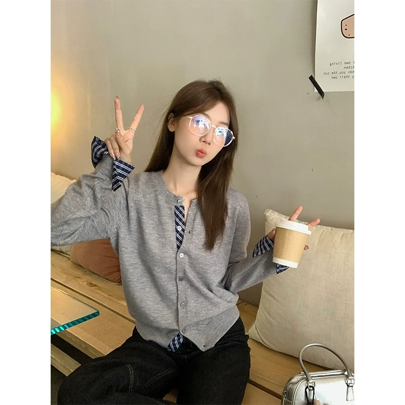 【年货捡漏】乌77学院风假两件圆领毛衣开衫女撞色格纹设计感上衣