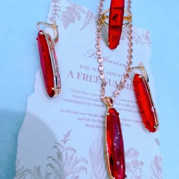 合金玻璃项链 红色妈妈款三件套 时尚           洋气民族风