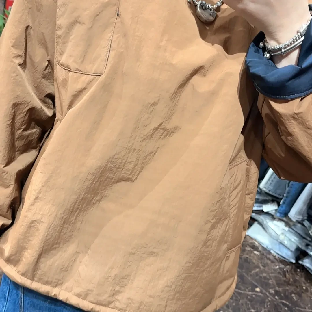 秋冬新款撞色两面穿中长款休闲百搭圆领套头棉服