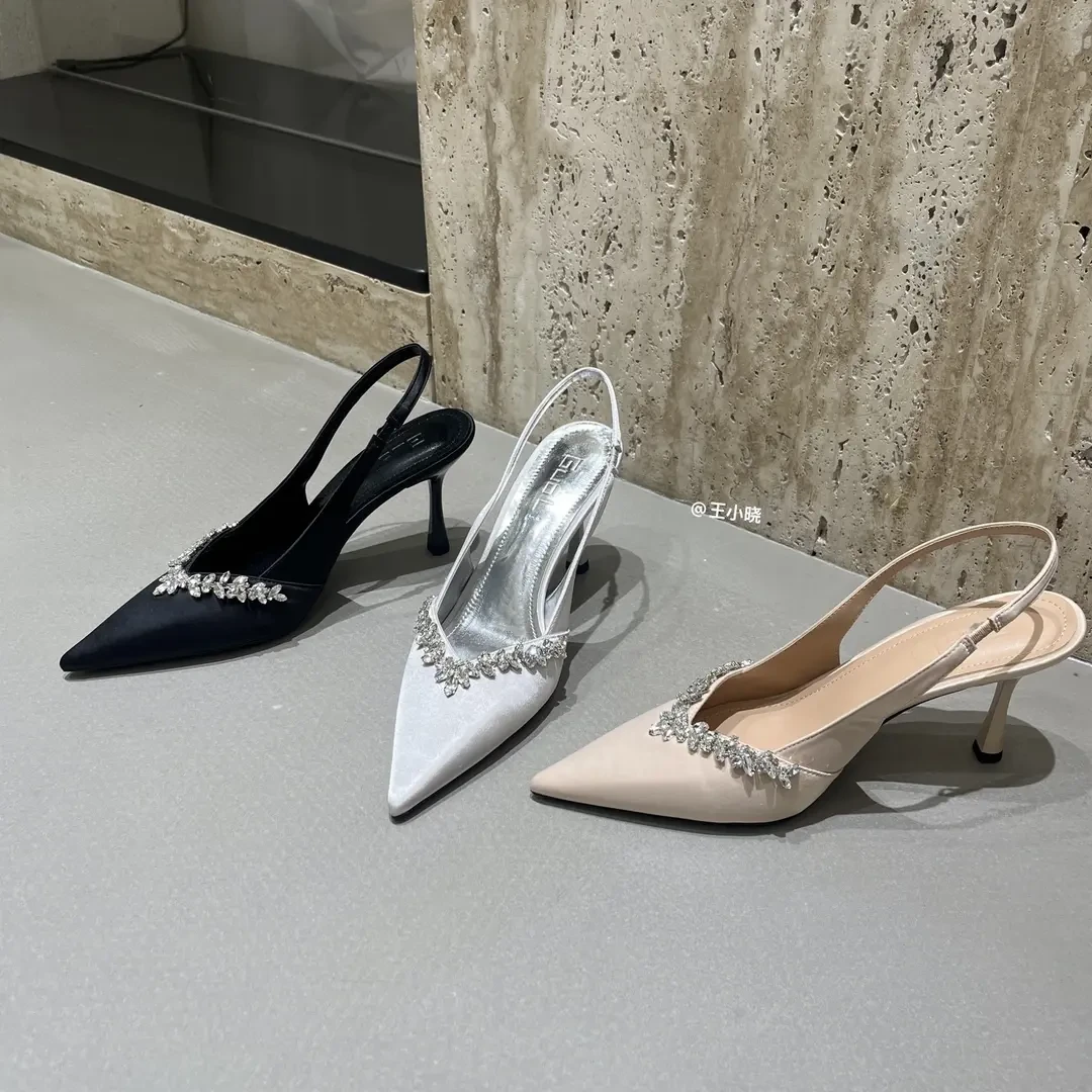 2025年春季新款高级银尖头水钻凉鞋包头细跟春夏后空浅口细跟单鞋