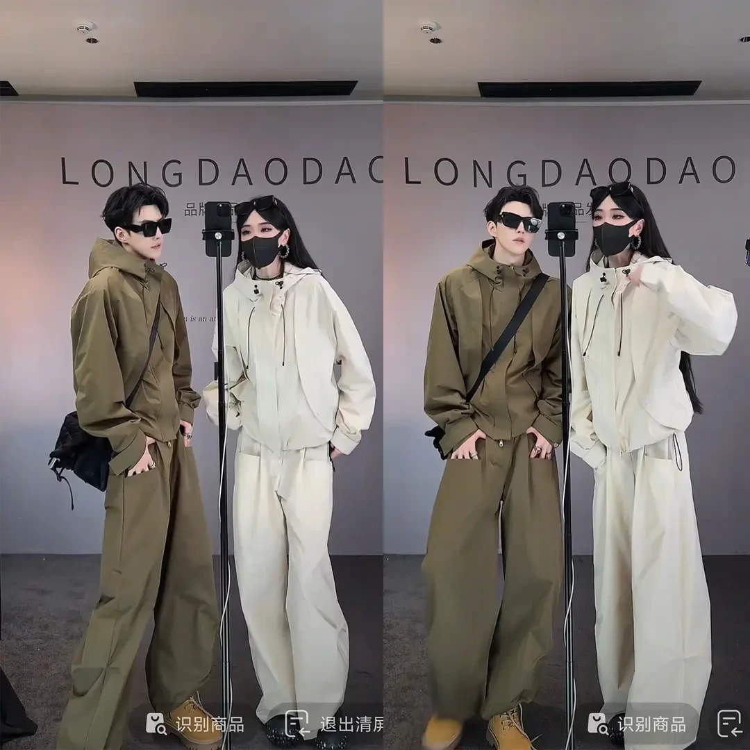 龙秋季新款潮流美式户外工装冲锋衣连帽夹克宽松百搭长裤套装